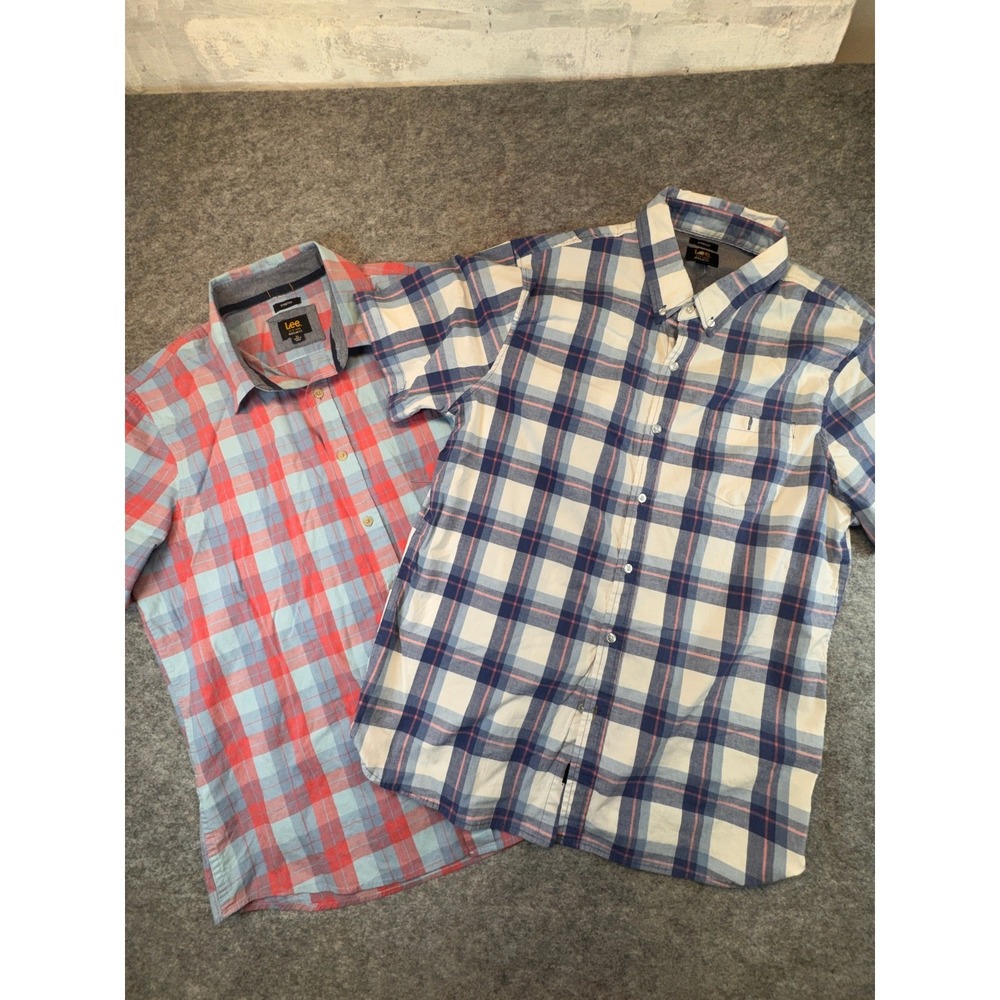 Lee Mens Regular Fit Short Sleeve Plaid Button Down Shirt 2-Pack XL Blue Coral